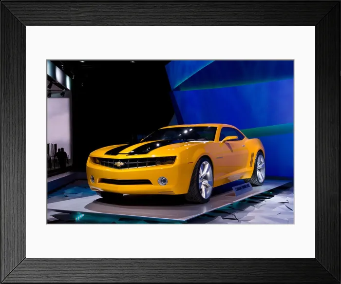 Framed Print : The 2009 Chevrolet Camaro Bumblebee concept car at the 2008 North American International Auto Show in Detroit Michigan Framed Print : The 2009 Chevrolet Camaro Bumblebee concept car at the 2008 North American International Auto Show in Detroit Michigan