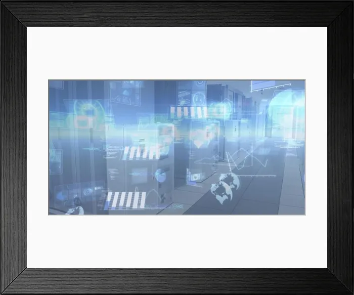 Framed Print : Displaying server bank projecting holographic charts in data center corridor, with LED lights Framed Print : Displaying server bank projecting holographic charts in data center corridor, with LED lights