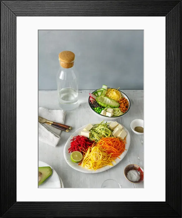 Framed Print : Healthy food clean eating. Spiralized vegetables with bowl of buddha on white wooden table Framed Print : Healthy food clean eating. Spiralized vegetables with bowl of buddha on white wooden table