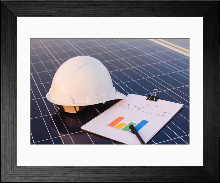 Framed Print : Engineers are examining the performance graph of energy production from solar panels that are alternative energy