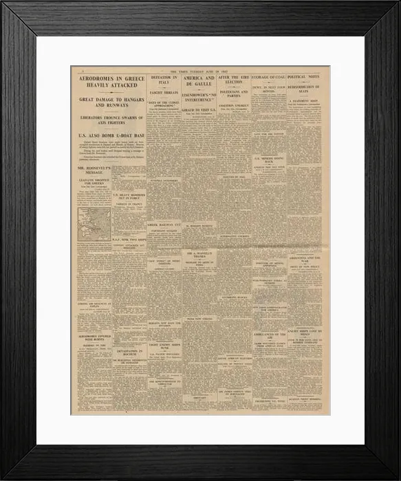 Framed Print : 1943 The Times reporting Allies bomb Germany and Greece and U Boat war Framed Print : 1943 The Times reporting Allies bomb Germany and Greece and U Boat war