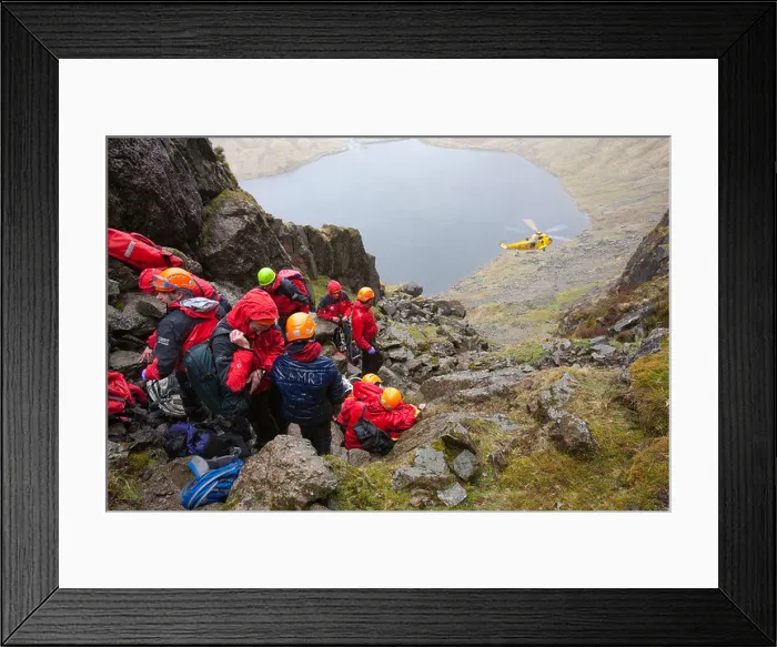 Framed Print : A walker with a compound leg fracture is treated by Langdale Ambleside Mountain Rescue Team in Easy Gully on Pavey Ark Framed Print : A walker with a compound leg fracture is treated by Langdale Ambleside Mountain Rescue Team in Easy Gully on Pavey Ark