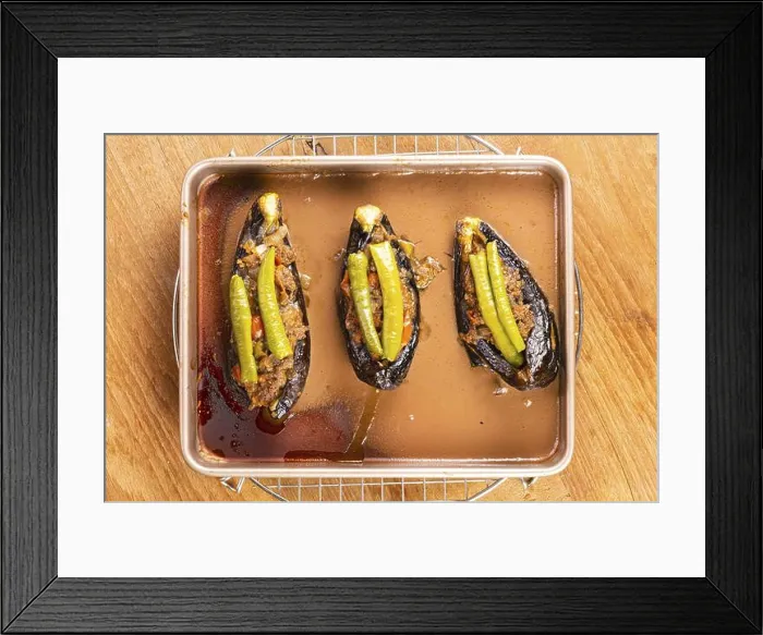 Framed Print : Top view of hot delicious turkey stuffed eggplants - karniyarik in golden tray metal ovenware on metal cooling rack Framed Print : Top view of hot delicious turkey stuffed eggplants - karniyarik in golden tray metal ovenware on metal cooling rack