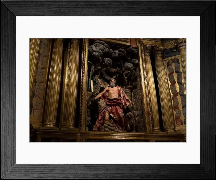 Framed Print : 17th century altarpiece in the Chapel of Saint Jerome by Galician sculptor Mateo de Prado in the Catedral de Santa Framed Print : 17th century altarpiece in the Chapel of Saint Jerome by Galician sculptor Mateo de Prado in the Catedral de Santa