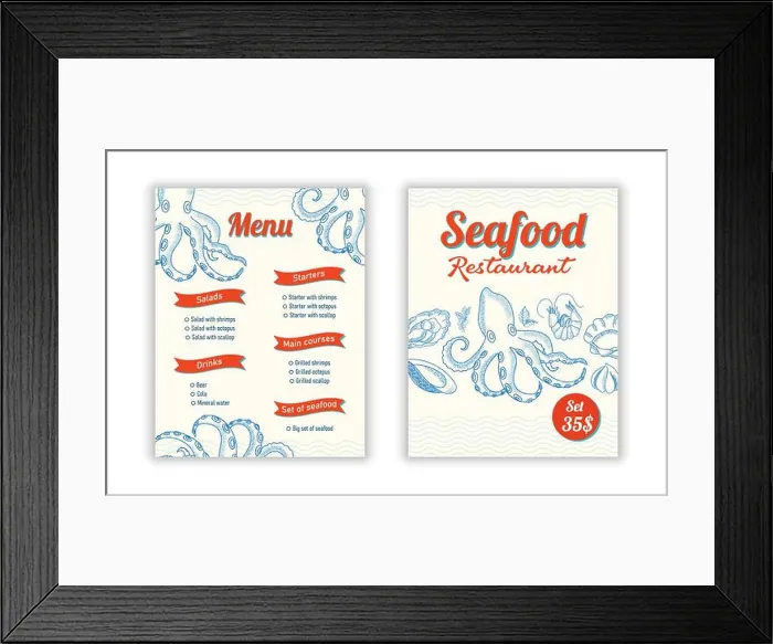 Framed Print : Menu showcasing seafood options at a coastal restaurant Framed Print : Menu showcasing seafood options at a coastal restaurant