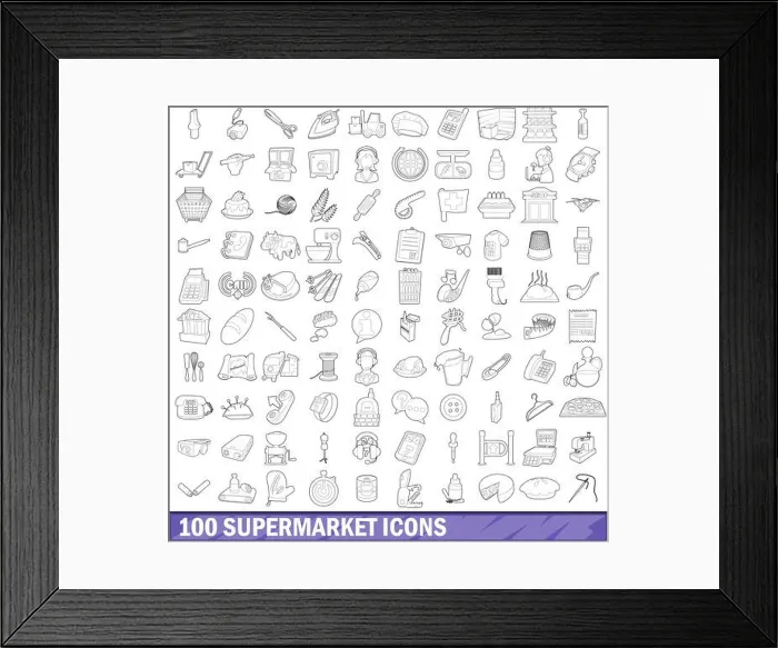Framed Print : 100 supermarket icons set, outline style Framed Print : 100 supermarket icons set, outline style
