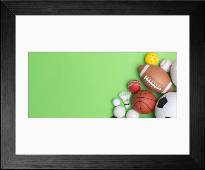 Framed Print : Sports equipment, balls on green background. Horizontal education and sport poster, greeting cards, headers, website Framed Print : Sports equipment, balls on green background. Horizontal education and sport poster, greeting cards, headers, website