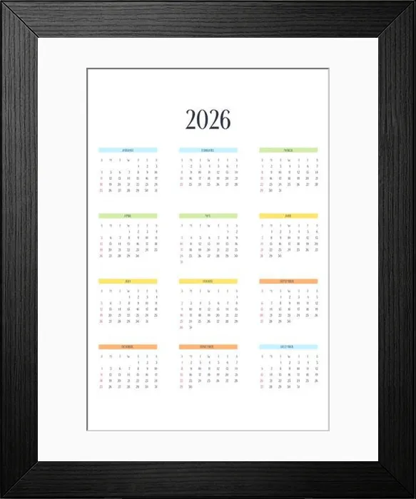 Framed Print : 2026 calendar template in classic strict style with multicolor elements Framed Print : 2026 calendar template in classic strict style with multicolor elements