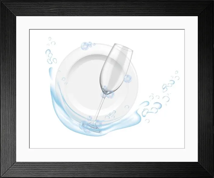Framed Print : Clean plate and glass wines with water splash home or restaurant dishwashing vector illustration realistic style Framed Print : Clean plate and glass wines with water splash home or restaurant dishwashing vector illustration realistic style