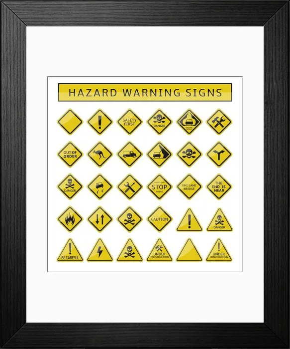 Framed Print : Hazard warning signs. Yellow warning symbol set, caution danger signs Framed Print : Hazard warning signs. Yellow warning symbol set, caution danger signs