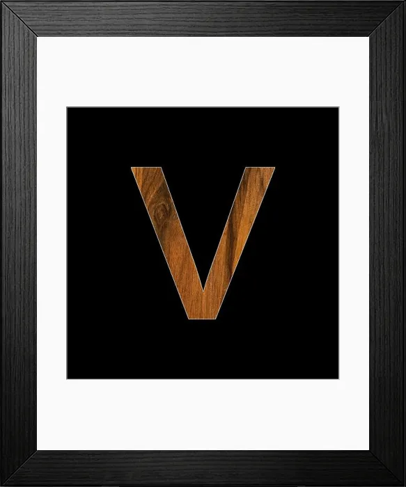 Framed Print : Letter v in wood texture - black background