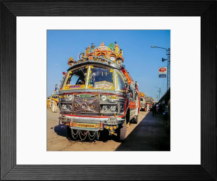 Framed Print : Traditionally decorated Pakistani busat bus terminal in Islamabad, Pakistan Framed Print : Traditionally decorated Pakistani busat bus terminal in Islamabad, Pakistan