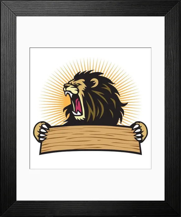 Framed Print : Lion Roaring Sport Mascot Logo Hold Blank Banner Vector Template Framed Print : Lion Roaring Sport Mascot Logo Hold Blank Banner Vector Template