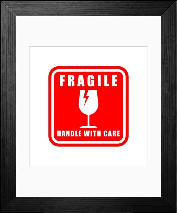 Framed Print : Fragile sticker icon symbol. Handle with care logo sign Framed Print : Fragile sticker icon symbol. Handle with care logo sign