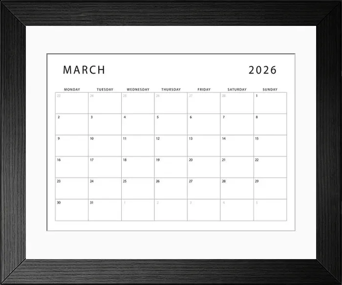Framed Print : March 2026 calendar. Monthly planner template. Monday start. Vector design Framed Print : March 2026 calendar. Monthly planner template. Monday start. Vector design