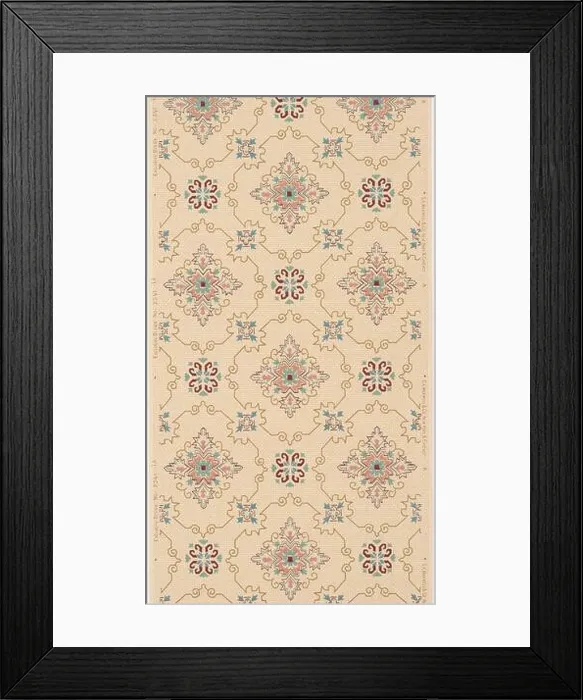 Framed Print : Ceiling paper. Research in ProgressAllover trellis pattern outlined in olive green with snowflake-like motifs in blue Framed Print : Ceiling paper. Research in ProgressAllover trellis pattern outlined in olive green with snowflake-like motifs in blue
