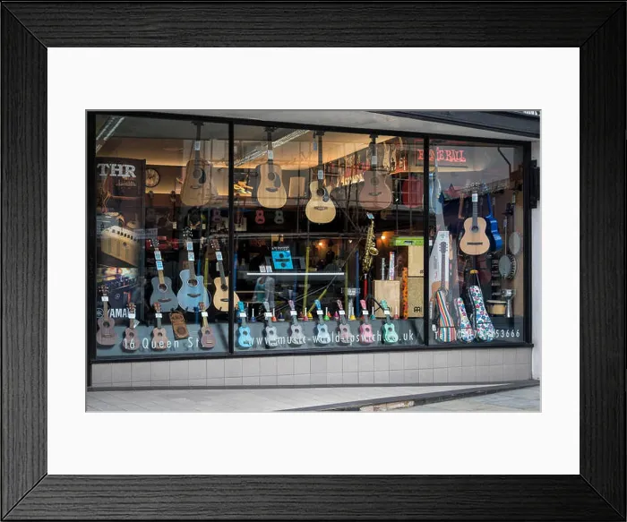 Framed Print : window display of a guitar shop. Ipswich, UK Framed Print : window display of a guitar shop. Ipswich, UK