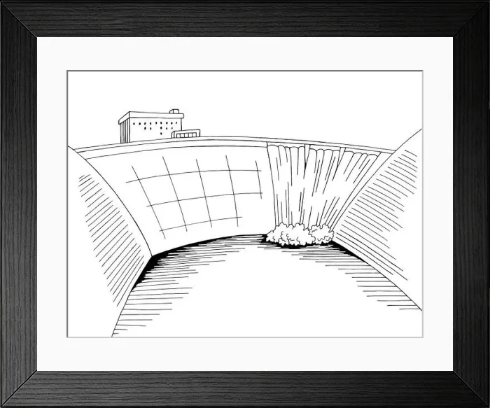 Framed Print : Dam hydropower river graphic black white landscape sketch illustration vector Framed Print : Dam hydropower river graphic black white landscape sketch illustration vector