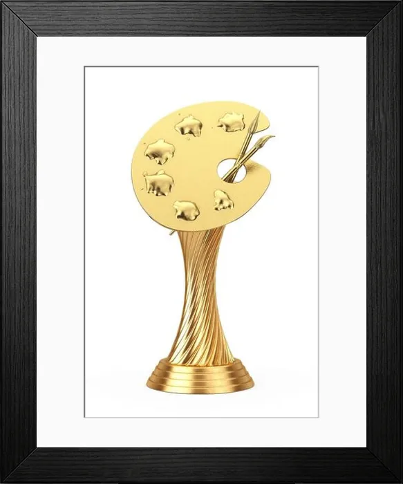 Framed Print : Art Award Concept. Golden Award Trophy Artist's Palette with Golden Paints on a white background. 3d Rendering