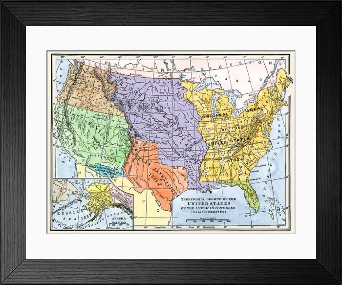 Framed Print : Map showing territorial growth of the continental US 1776 to 1899. Hand-colored woodcut Framed Print : Map showing territorial growth of the continental US 1776 to 1899. Hand-colored woodcut