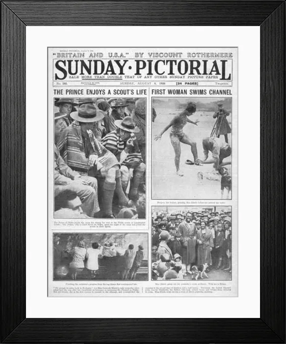 Framed Print : 1926 Sunday Pictorial front page reporting Gertrud Ederle First woman swims English Channel Framed Print : 1926 Sunday Pictorial front page reporting Gertrud Ederle First woman swims English Channel