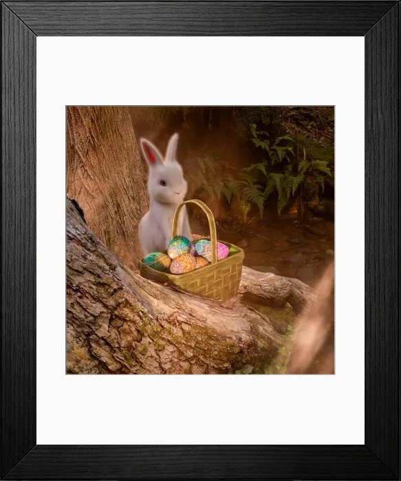 Framed Print : Easter magic bunny rabbit with eggs in an enchanted magical forest as a spring holiday symbol - 3d rendering Framed Print : Easter magic bunny rabbit with eggs in an enchanted magical forest as a spring holiday symbol - 3d rendering
