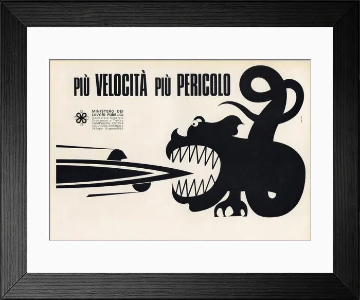 Framed Print : Vintage newspaper ad of road safety by designer Sergio Ruffolo Più Velocità Più Pericolo, Italy 1969 Framed Print : Vintage newspaper ad of road safety by designer Sergio Ruffolo Più Velocità Più Pericolo, Italy 1969