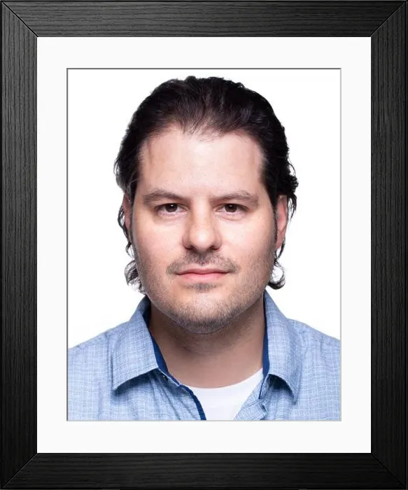 Framed Print : Frontal male passport photo isolated on white background. EU Standardization Framed Print : Frontal male passport photo isolated on white background. EU Standardization