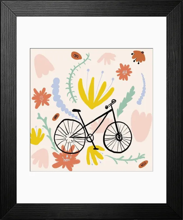 Framed Print : Hand drawn style vector illustration illustration of black bicycle amidst colorful flowers Framed Print : Hand drawn style vector illustration illustration of black bicycle amidst colorful flowers