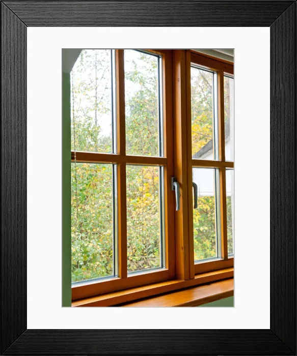 Framed Print : Double glazed wooden window frame in the home in the autumn season Framed Print : Double glazed wooden window frame in the home in the autumn season