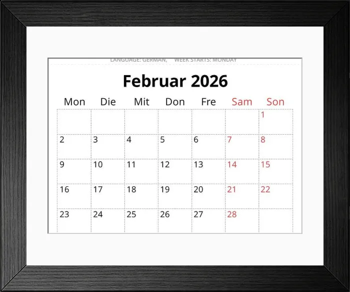 Framed Print : February 2026 German calendar planner – Februar. Vector illustration for Germany Framed Print : February 2026 German calendar planner – Februar. Vector illustration for Germany
