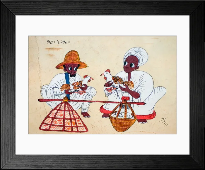 Framed Print : Traditional Ethiopian painting scene with market chicken and eggs, illustrating daily life and folk art in Ethiopia Framed Print : Traditional Ethiopian painting scene with market chicken and eggs, illustrating daily life and folk art in Ethiopia