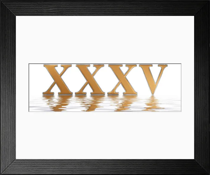 Framed Print : Roman numeral XXXV, quinque et triginta, 35, thirty five, reflected on the water surface, isolated on white, 3d render Framed Print : Roman numeral XXXV, quinque et triginta, 35, thirty five, reflected on the water surface, isolated on white, 3d render
