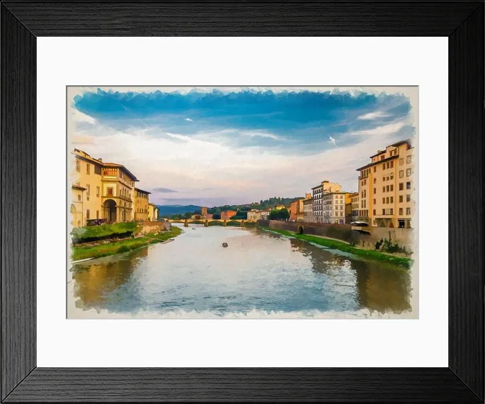 Framed Print : Watercolor drawing of Ponte alle Grazie stone bridge and boat on Arno River water Framed Print : Watercolor drawing of Ponte alle Grazie stone bridge and boat on Arno River water