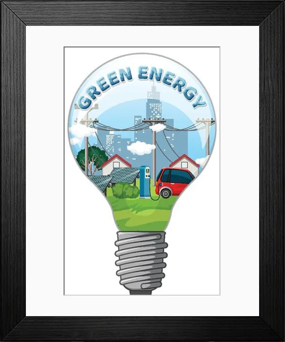 Framed Print : Green energy text with lightbulb banner template illustration Framed Print : Green energy text with lightbulb banner template illustration