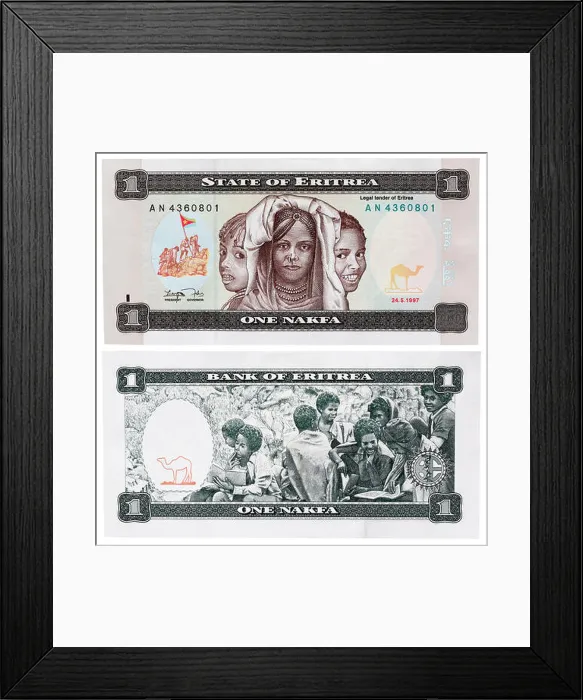 Framed Print : 1 nakfa banknote, three girls and children in bush school, Eritrea, 1997