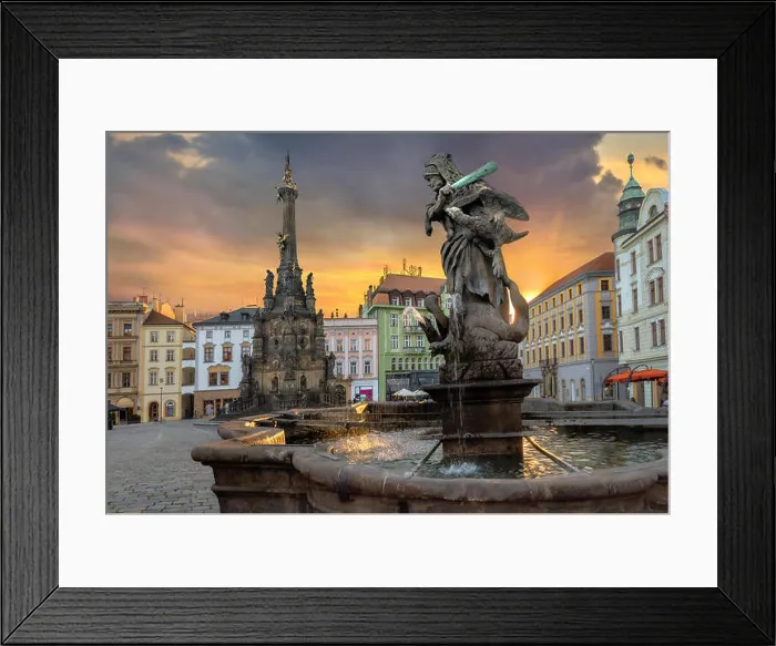 Framed Print : Cityscape of main square with Hercules fountain and monument Holy Trinity Column at sunset sunlight Framed Print : Cityscape of main square with Hercules fountain and monument Holy Trinity Column at sunset sunlight