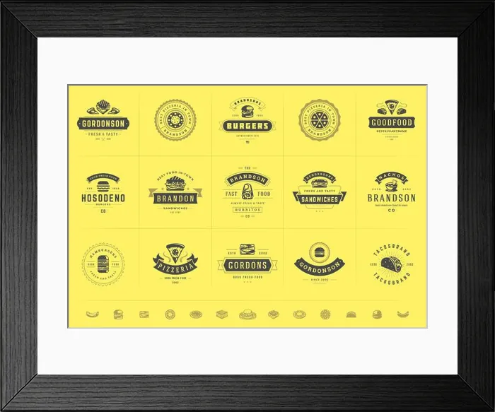 Framed Print : Fast food logos set vector illustration good for pizzeria or burger shop
