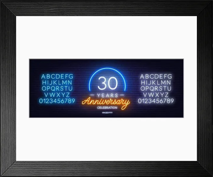 Framed Print : 30th anniversary celebration neon sign on dark background Framed Print : 30th anniversary celebration neon sign on dark background