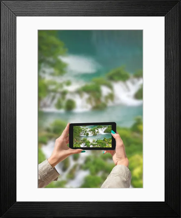 Framed Print : Girl taking pictures on a tablet in Plitvice Lakes National Park in Croatia Framed Print : Girl taking pictures on a tablet in Plitvice Lakes National Park in Croatia