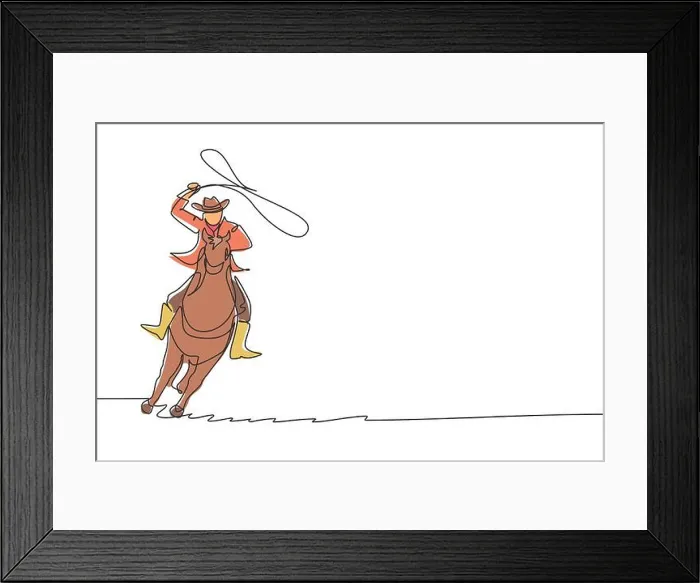 Framed Print : Continuous one line drawing cowboy with rope lasso on horse Framed Print : Continuous one line drawing cowboy with rope lasso on horse