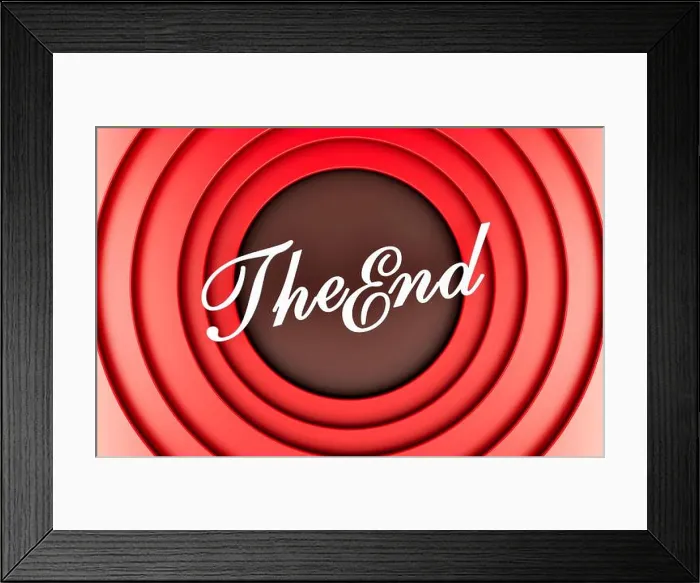 Framed Print : The End concept. Retro style movie ending screen in red color. 3D rendering Framed Print : The End concept. Retro style movie ending screen in red color. 3D rendering