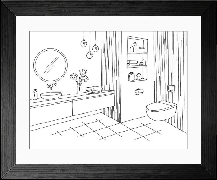 Framed Print : Bathroom graphic home interior black white sketch illustration vector Framed Print : Bathroom graphic home interior black white sketch illustration vector