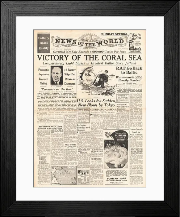 Framed Print : News of the World U.S. Victory at Battle of the Coral Sea and RAF Bomb Baltic Port of Warnemunde Framed Print : News of the World U.S. Victory at Battle of the Coral Sea and RAF Bomb Baltic Port of Warnemunde