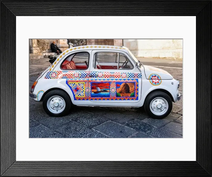 Framed Print : Painted Fiat 500 side view - Taormina town centre, Italy Framed Print : Painted Fiat 500 side view - Taormina town centre, Italy
