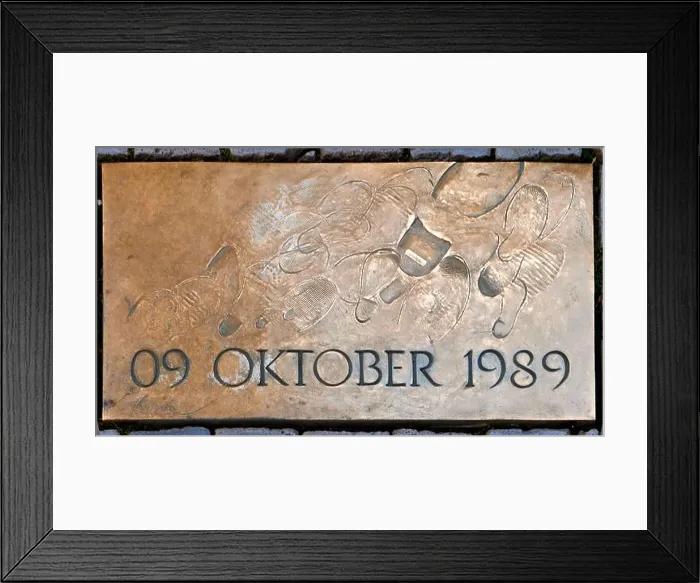 Framed Print : Commemorative plaque '09 OCTOBER 1989' on the pavement of the Nikolaikirchhof, Leipzig, Saxony, Germany Framed Print : Commemorative plaque '09 OCTOBER 1989' on the pavement of the Nikolaikirchhof, Leipzig, Saxony, Germany
