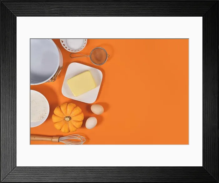 Framed Print : Ingredients and baking tools for pumpkin pie on orange background with copy space Framed Print : Ingredients and baking tools for pumpkin pie on orange background with copy space