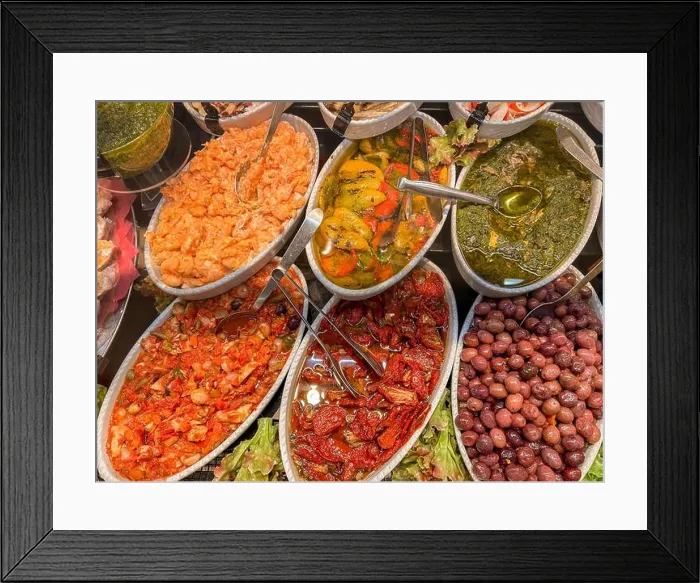 Framed Print : Ready-made food in trays, seasoned olives Framed Print : Ready-made food in trays, seasoned olives
