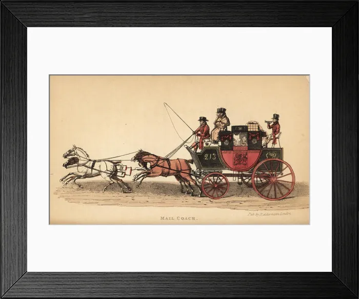 Framed Print : Mail coach with four horses, coachman and armed guards in the king's scarlet livery