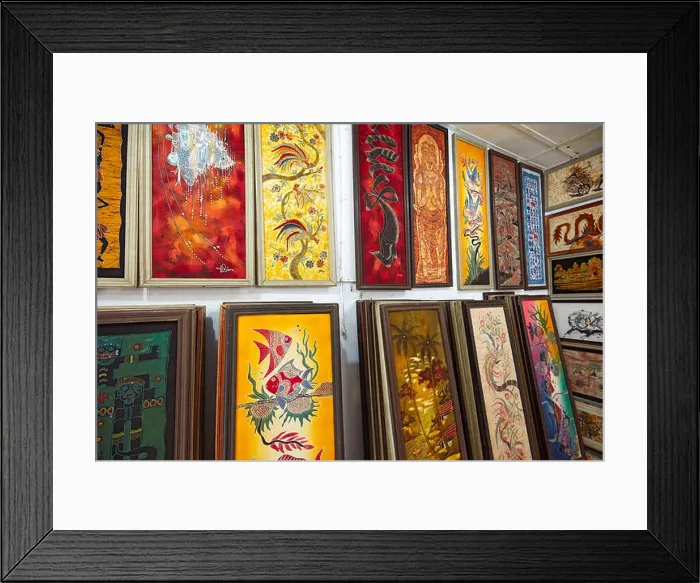 Framed Print : Selection of framed batik paintings for sale in Batik Seno shop. Yogyakarta, Java, Indonesia Framed Print : Selection of framed batik paintings for sale in Batik Seno shop. Yogyakarta, Java, Indonesia